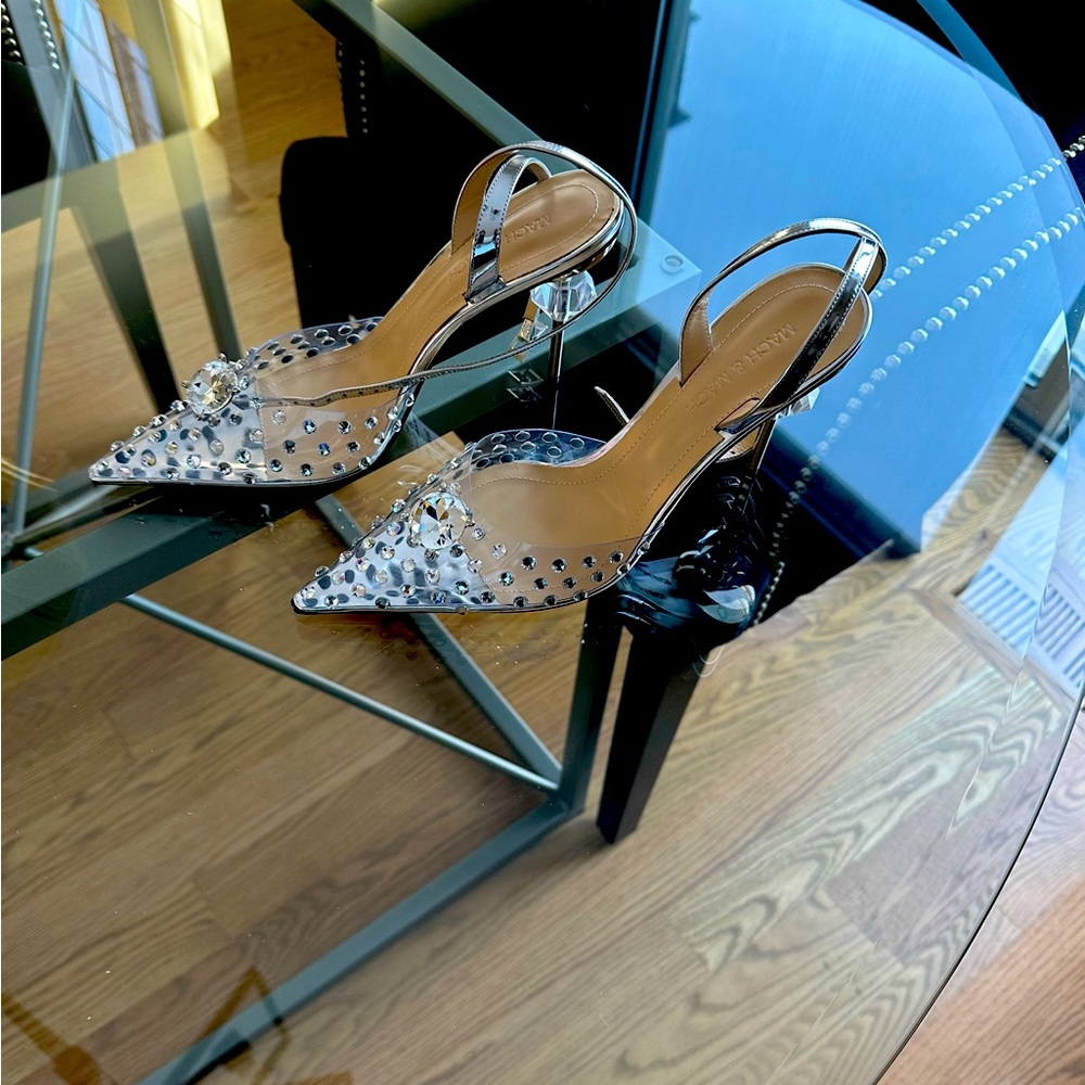 Mach & Mach Crystal Embellished Clear Ankle Strap Pump in Silver